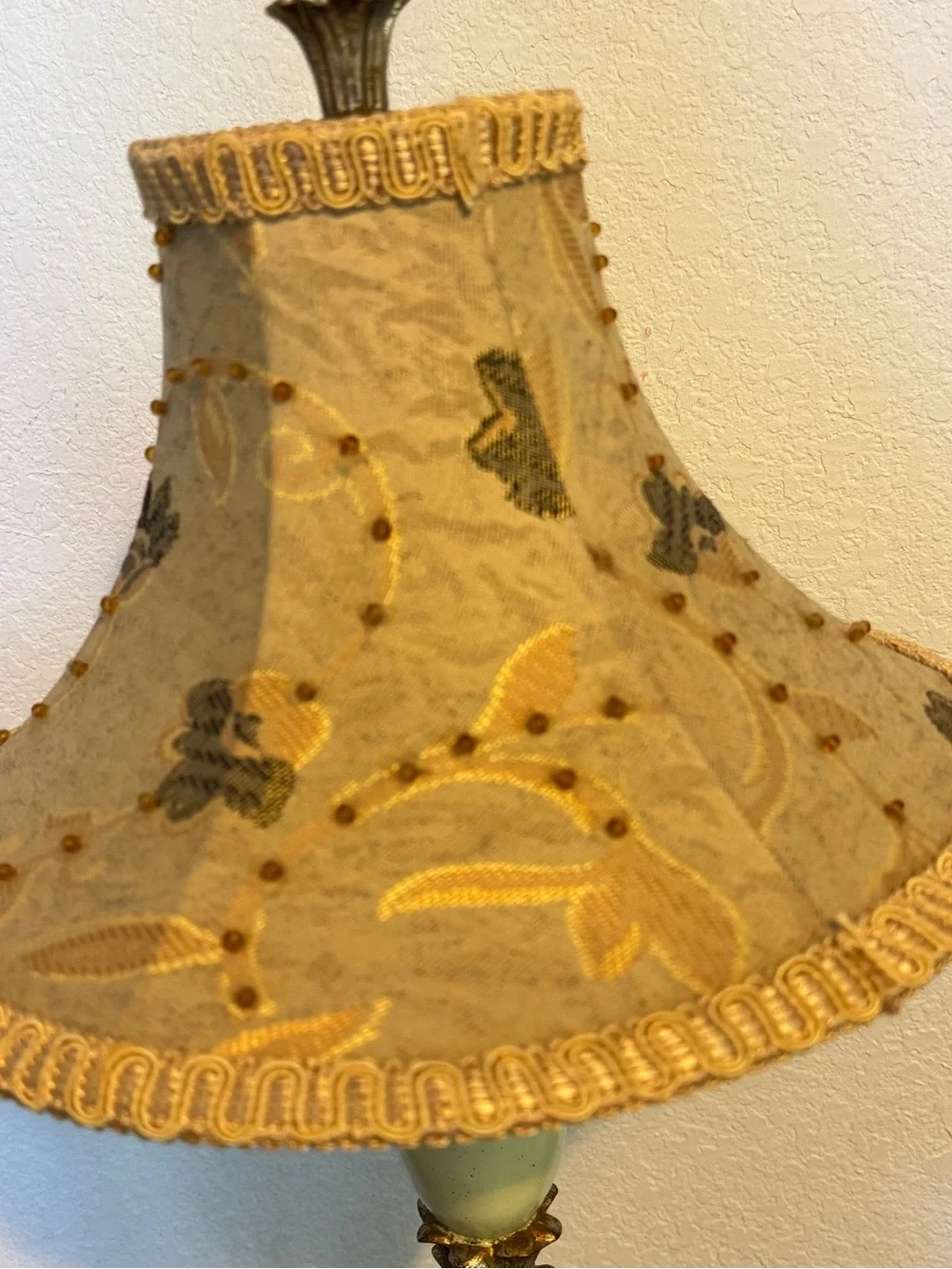 Vintage Bell lamp shade featuring an ornate design golden lace fabric beaded